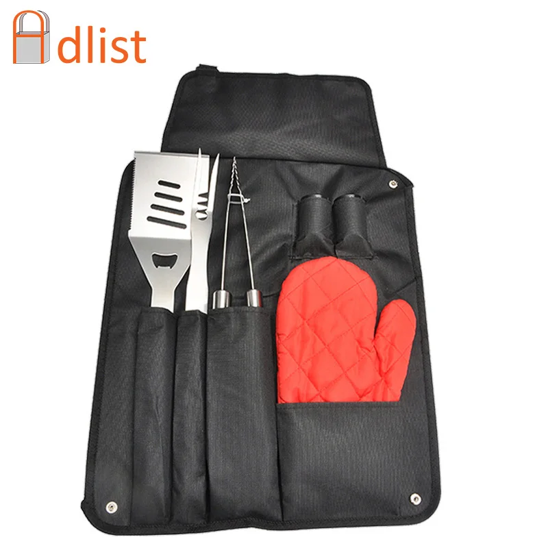 

6PCS/Set Portable Stainless Steel Barbecue Grill Set BBQ Fork Shovel Tongs Glove Pepper Shaker Tool Utensils Outdoor Accessories