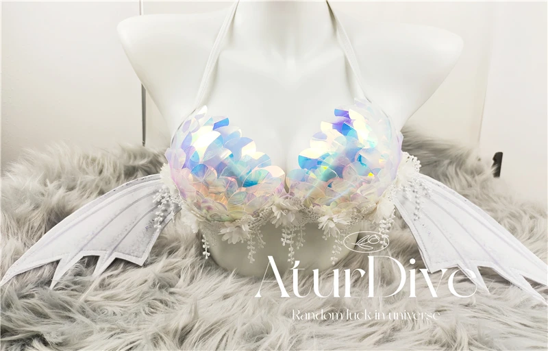 Custom large cup Sequin bikini wings wrap chest Mermaid fish tail performance clothes bar electric sound bar bra