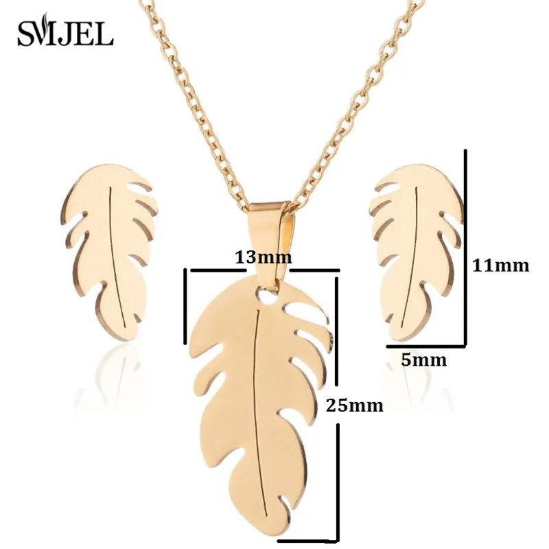 Stainless Steel Feather Necklaces Classic Fashion Bohemian Plant Leaves Earrings Necklaces For Women  Jewelry Set Wedding Gifts