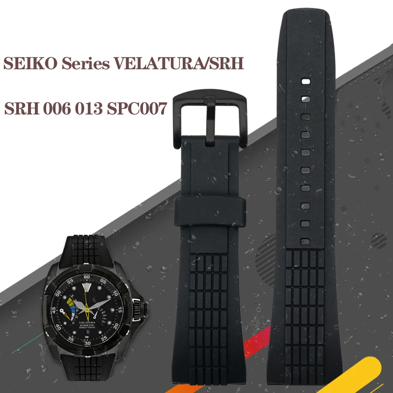 Rubber Watch Band For Seiko VELATURA/SRH 006 013 SPC007 Waterproof 26mm Black Silicone With Stainless Steel Buckle Sports Strap