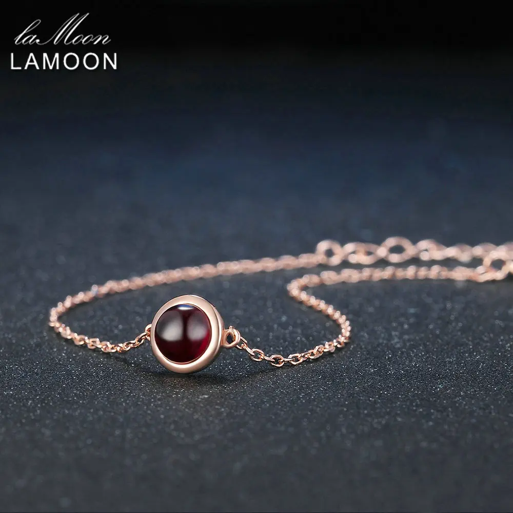 LAMOON Classic Simple 6mm 1.1ct 100% Natural Red Garnet 925 Sterling Silver Jewelry S925 Charm Bracelet LMHI021