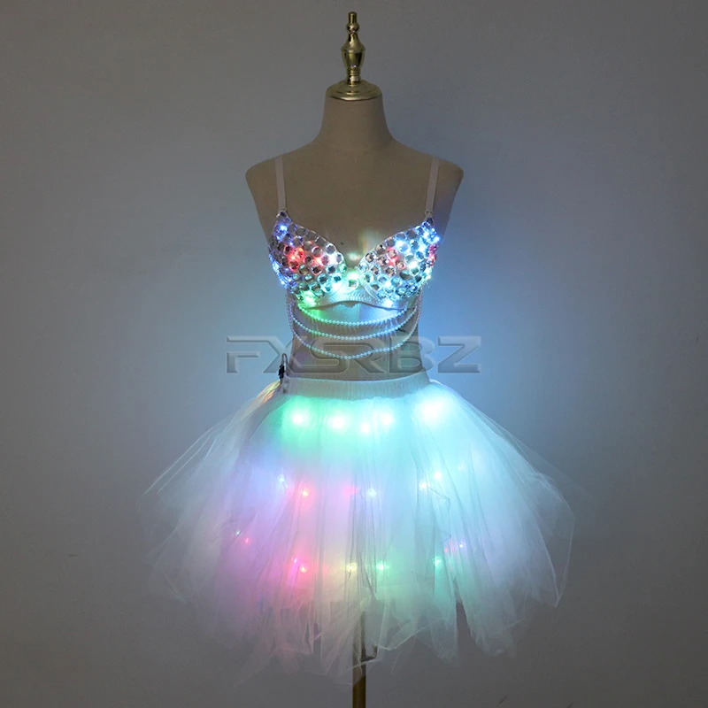 New LED Bra Tutu Skirt Colorful Flash Diamond Bra Belly Dance LED Skirt Christmas Dance Party Sexy Girl Light Up Costume