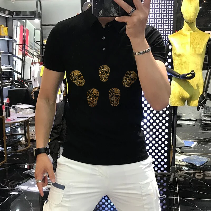 

Trending Harajuku Sweatshirt Casual Short Sleeve Summer Men's T-Shirt Hot Diamond Golf Skull Polo Cotton