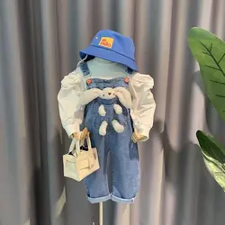 New Fashion Kids Girl Clothing Sets Fashion Baby Girl Clothes Suits Cotton Children's Shirt+Straps Toddler1-6 Denim pants Rabbit