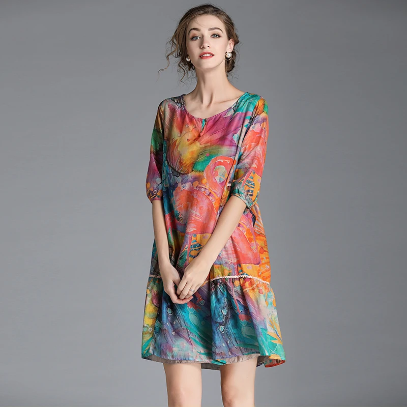 

Holiday style floral silk cotton printed dress loose large size ladies mid-length lightweight and breathable a-line skirt