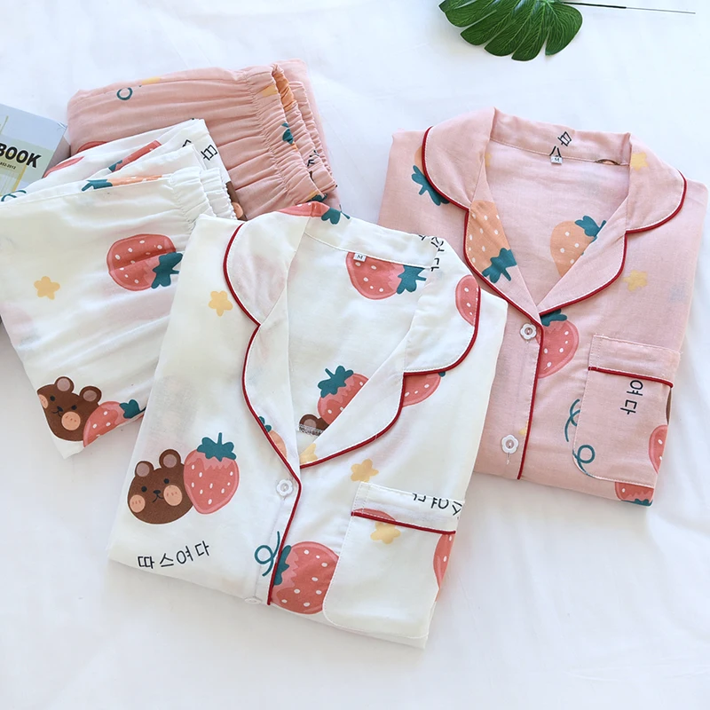 

Women Leisure Loose Comfortable Cute Print Pajamas Cardigan Trousers Set Spring Breathable Soft Cotton Gauze Pajama Loungewear