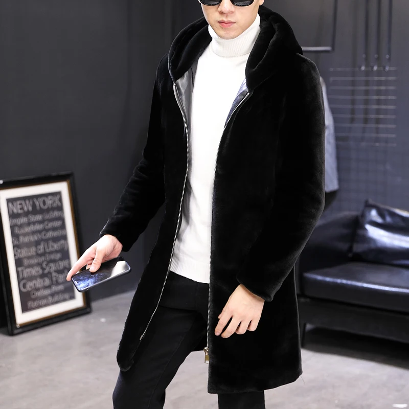 

Quality Luxury Black Mens Mink Hood Jackets For The Cold Winter Faux Fur Trench Coats Velvet Fleece Long Overcoats Warm Clothing