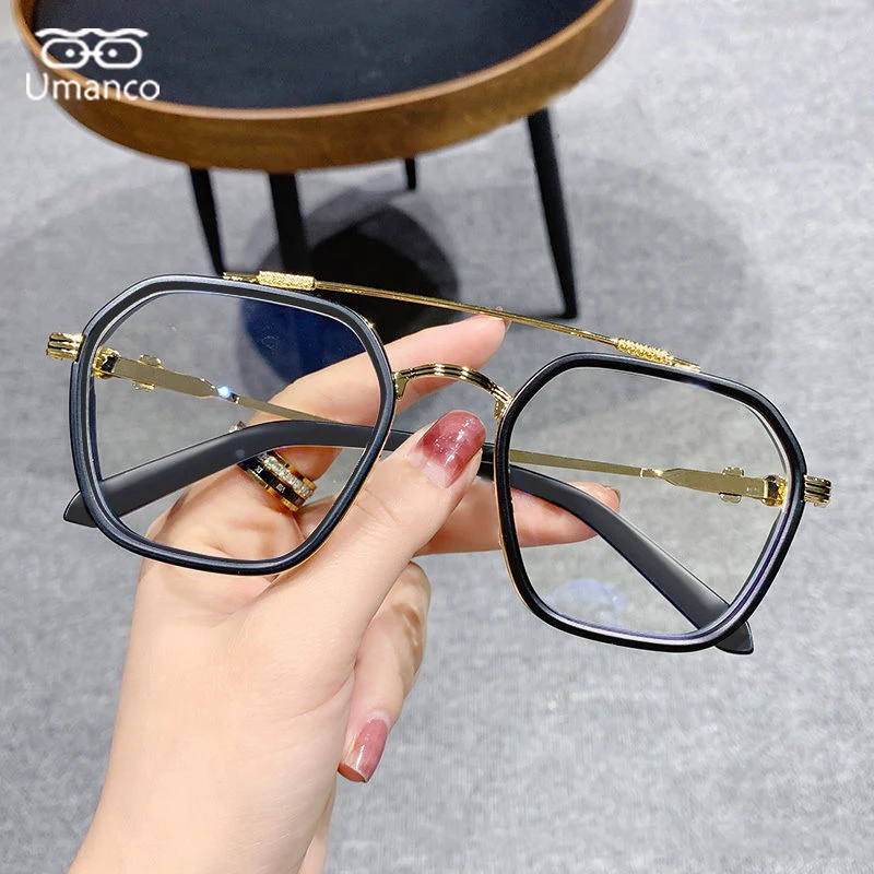 Retro Fashion Double Beam Square Myopia Glasses for Men Women Anti Blue Light Black Transparent Finish Prescription Eyewear -1.0