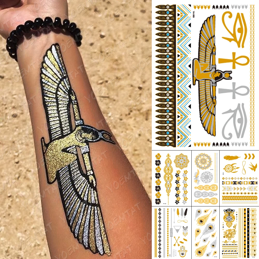 Waterproof Temporary Tattoo Sticker Egypt Goddess Gold Silver Metallic Flash Tatoo Boho Hand of Fatima Jewelry Glitter Body Art