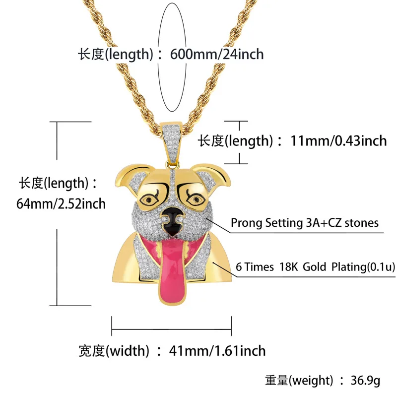 Micro Pave Cubic Zirconia Iced Out Tongue Out Cartoon Dog Pendants Necklace for Men Hip Hop Bling Rapper Jewelry Gold Color