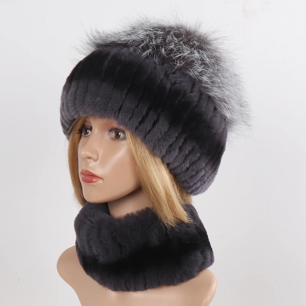 Women's Winter Warm Genuine Fur Hat Scarf Set Real Rex Rabbit Fur Cap with Silver Fox Scarves 2-Piece Natural Fashion Accessory