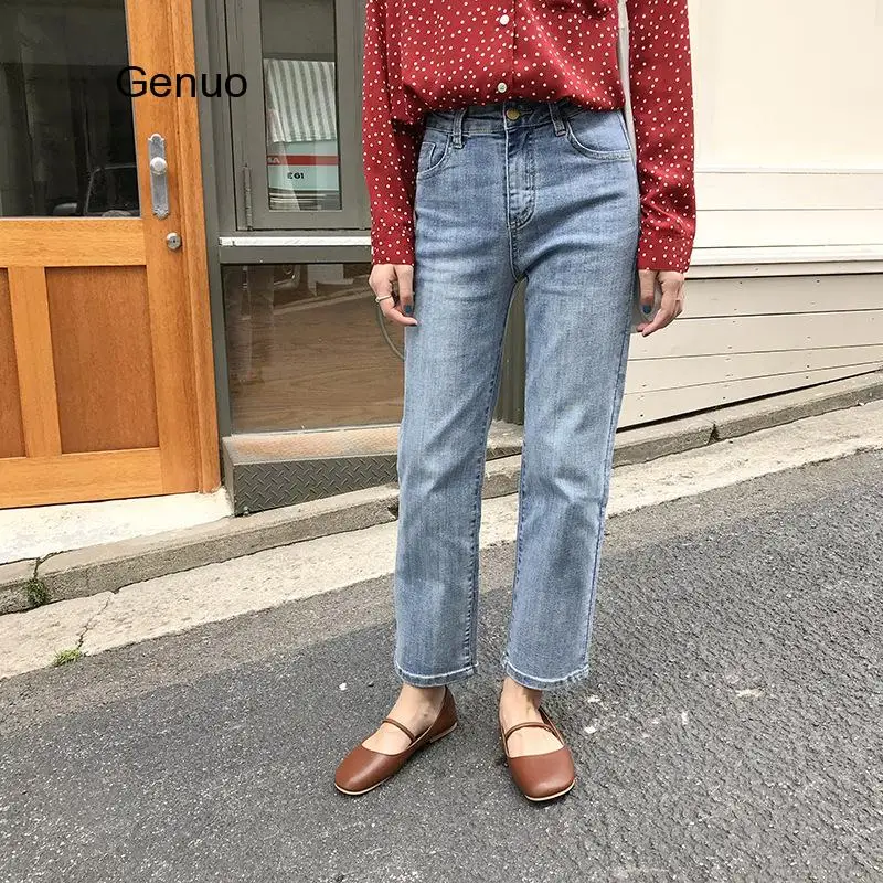 Women's Denim Pants High Waist Straight Casual Washed Jeans Korean Street Style Nine-Cropped Pants 2020 New