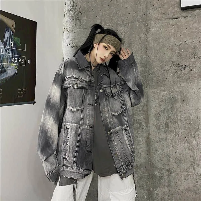 

Denim jacket female autumn new retro smoky gray washed denim loose casual student tide Harajuku personality