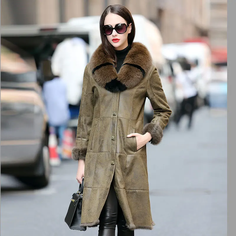 Coat Winter Women Double Faced Real Fur Coat Female Luxury Rabbit Fur coat Women Fox Fur Collar Real Leather Jacket MY                      