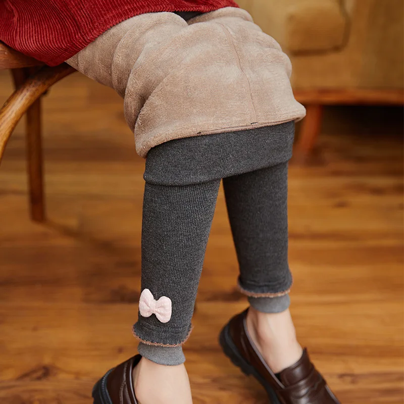 

Children Stretch Elastic Waist Pants Thicken Warm Long Trouser Kid Pencil Skinny Fleece Pant Girls Winter Cute Bowknot Leggings