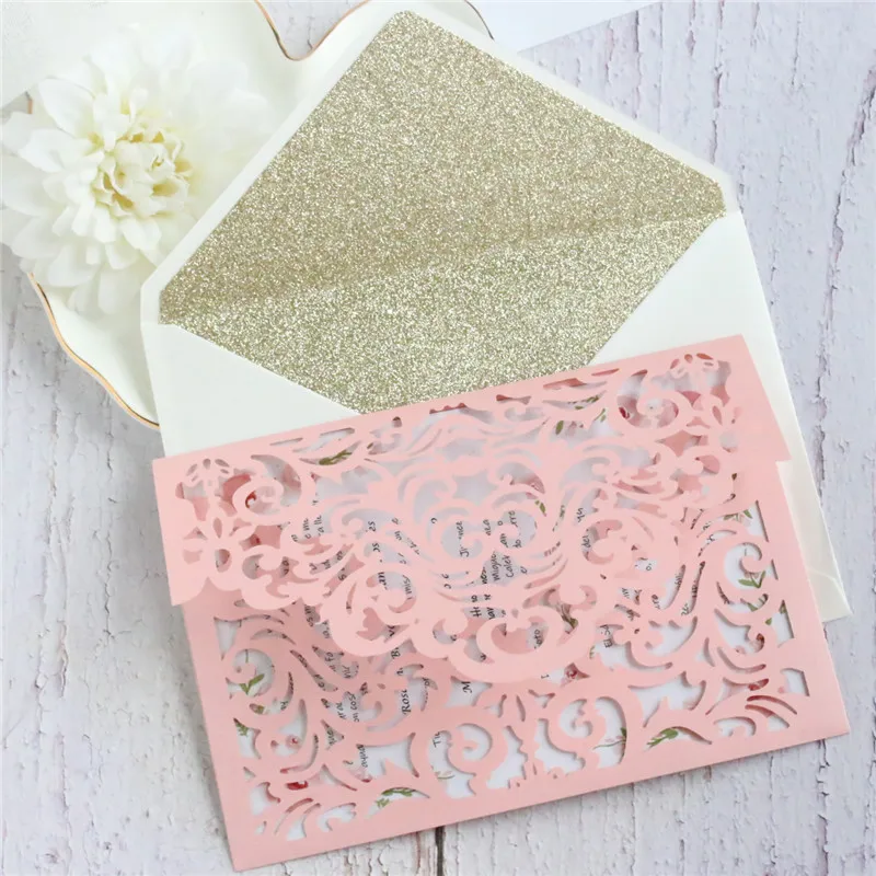 Hollow wedding invitations with glittery gold envelop pink ivory dark green floral holiday greeting cards