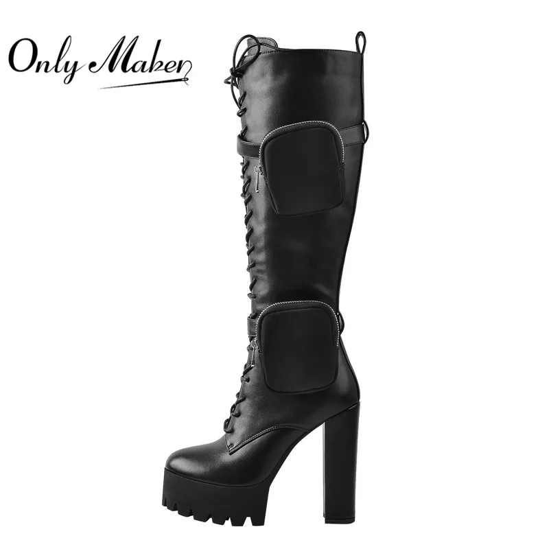 Onlymaker Women  Platform Black Matte Side Zip Front Lace-Up Knee High Boots Big Size Lady Fashion Classic Long Winter Boots