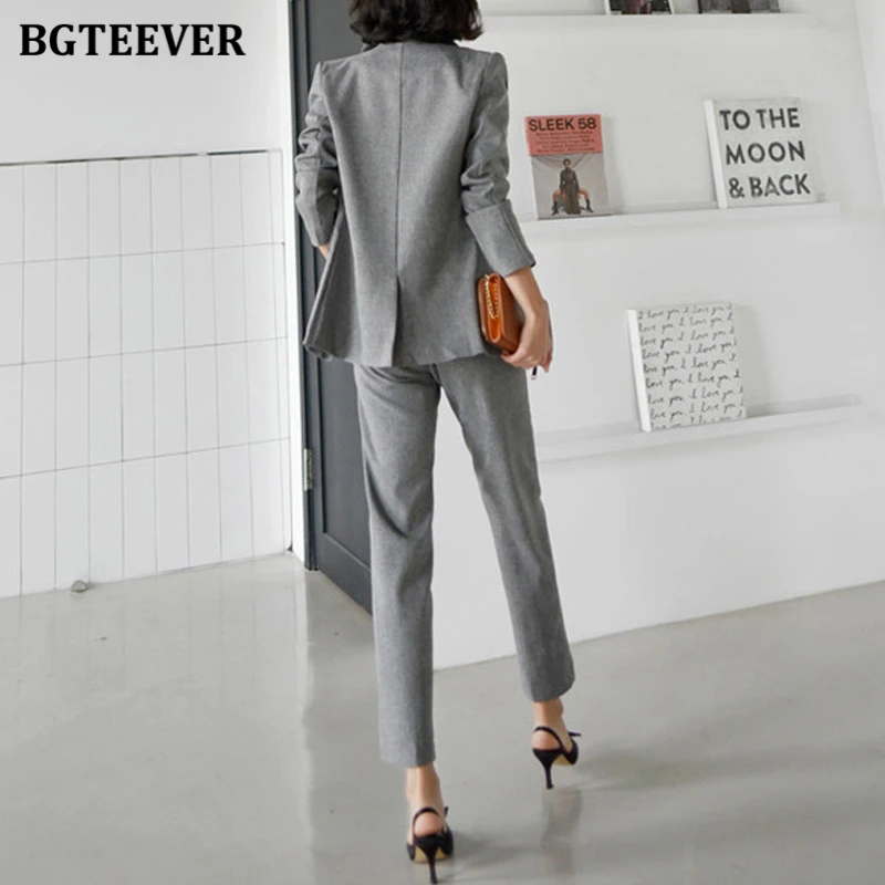 BGTEEVER Two-piece Women Trousers Suits Long sleeve Double Solid Blazer Pants Sets Office Ladies Elegant Pant Suits 2021 Autumn