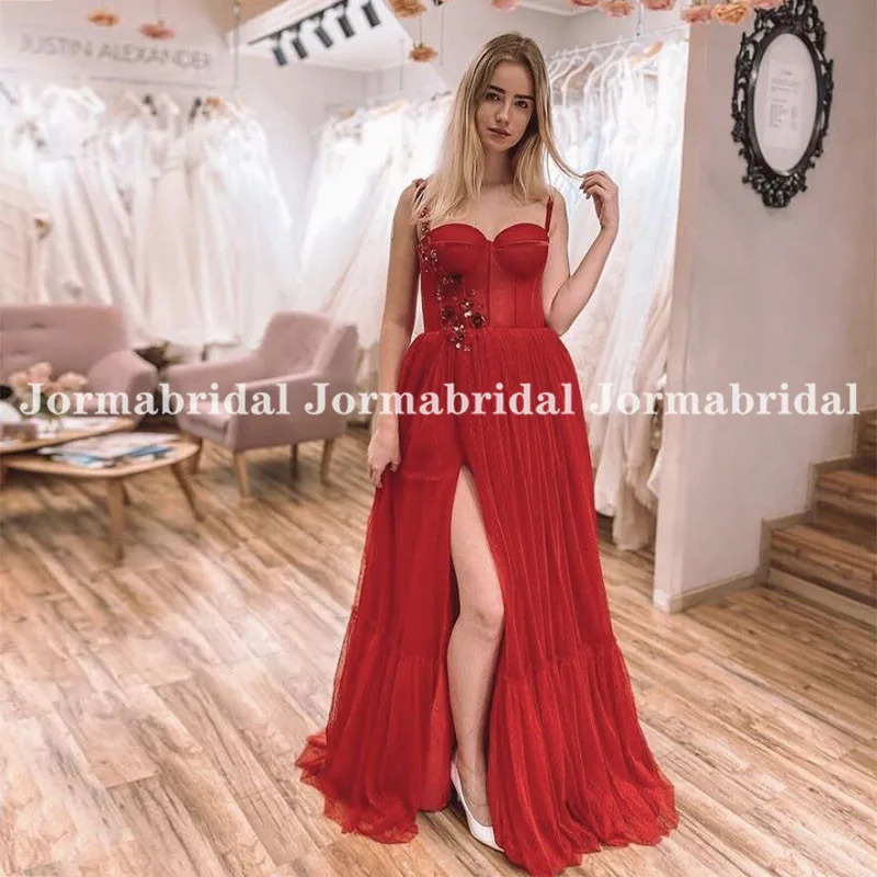 

Plunging Red Prom Dress With Exquisite Appliques Beading Sexy Front Split Long Tulle Formal Party Gowns Robe De Fete Femme