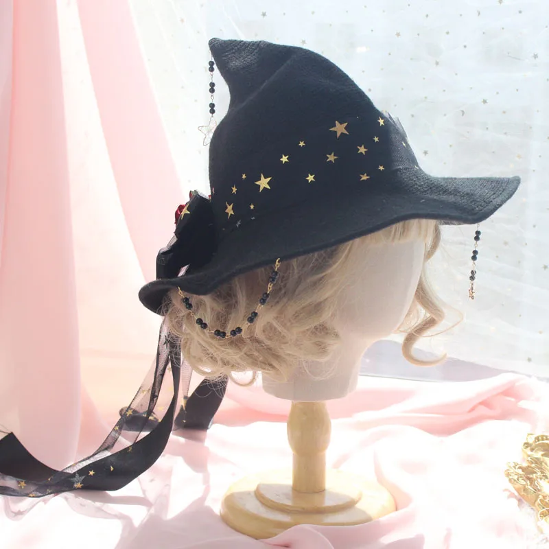 Vintage Star Magia Gothic Girl cappello Da Mago Lolita Halloween Cappello della Strega Accessori Puntelli Catena del Branello Fiocco Rosa Del Partito Ha Raggiunto Il Picco Cap