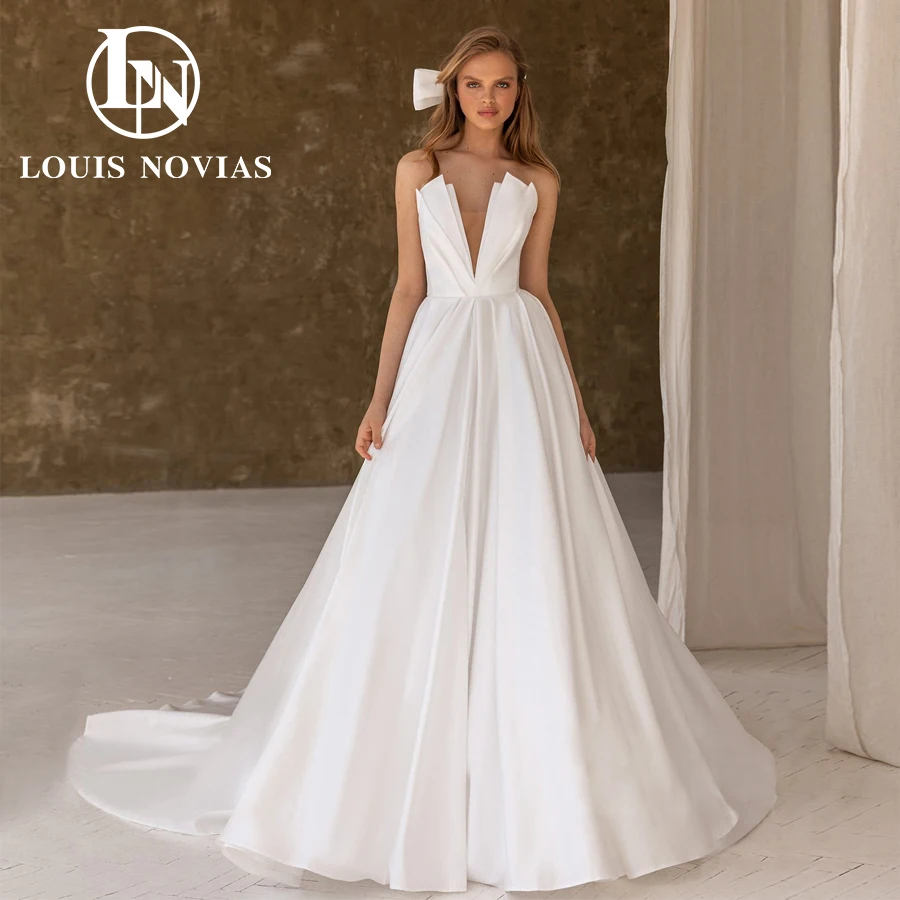 

LOUIS NOVIAS Stretch Satin A-Line Wedding Dresses For Women Backless New Sexy Deep V-neck Ruched Sleeveless Vintage Wedding Gown