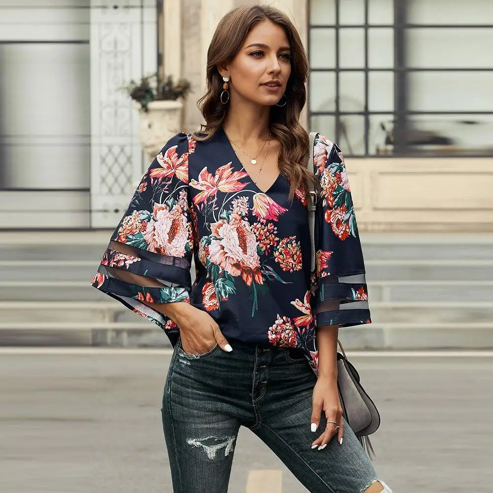 2020 Women's Tops Bell Sleeve V Neck Lace  Blouse Casual Loose Shirt Tops Summer Women's Blouse V-neck Solid Color Shirt