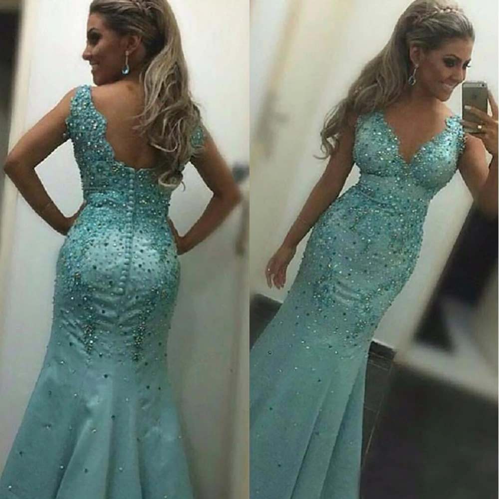 ซาตินชุดราตรีปุ่มปาร์ตี้ชุดราตรี Backless Mermaid V คอแขนกุด Applique ลูกปัดคริสตัลใหม่