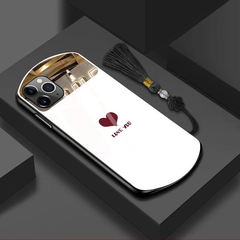 

Luxury Cute Oval Heart-shaped Tempered Glass Phone Case For iPhone 16 15 14 13 12 11 Pro Max XS XR X Plus Mirror Lanyard Cover