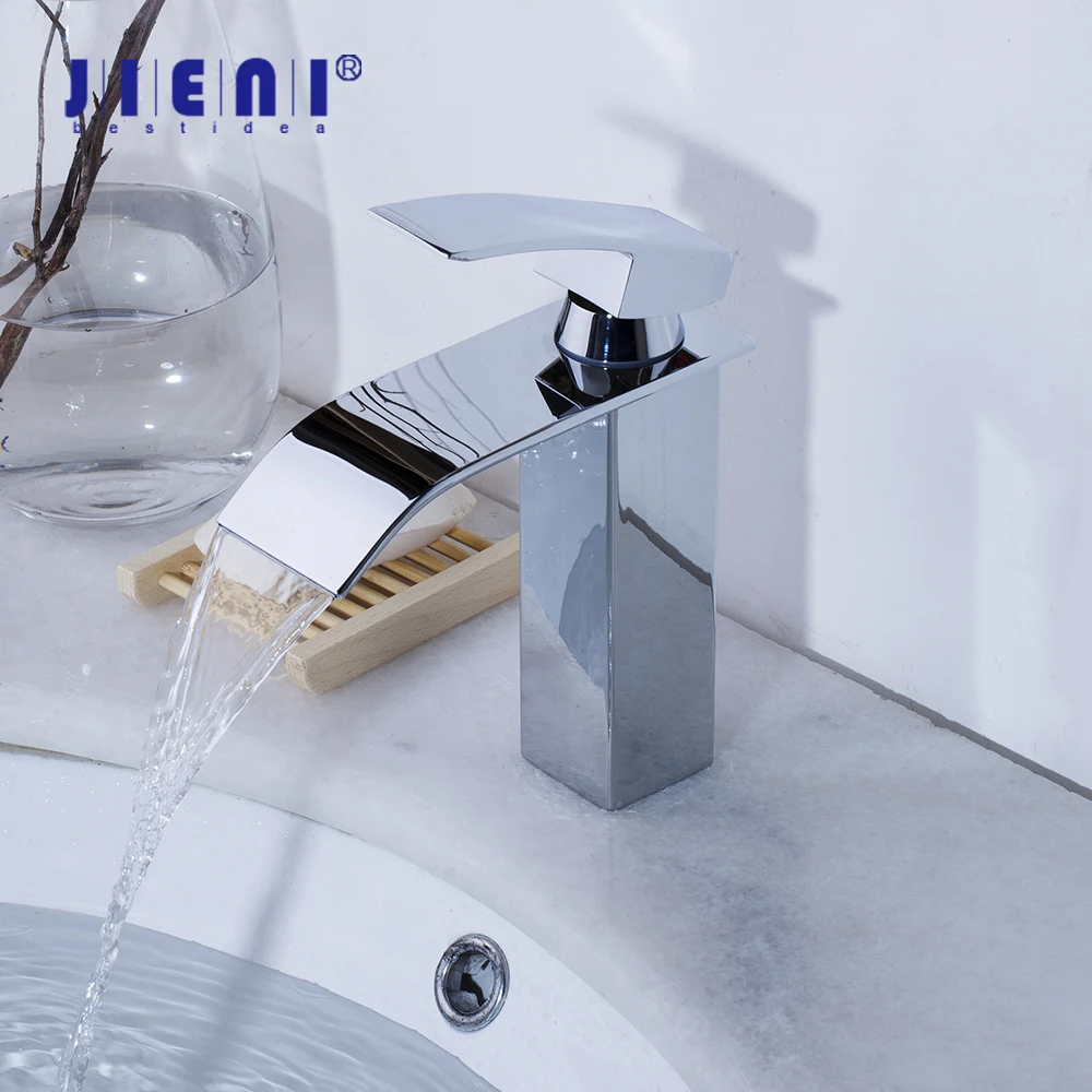 JIENI New Bathroom Faucet Solid Brass Waterfall Chrome Brass Basin Sink Faucet Lavatory Combine Set Faucet Mixer Tap Wash Mixer