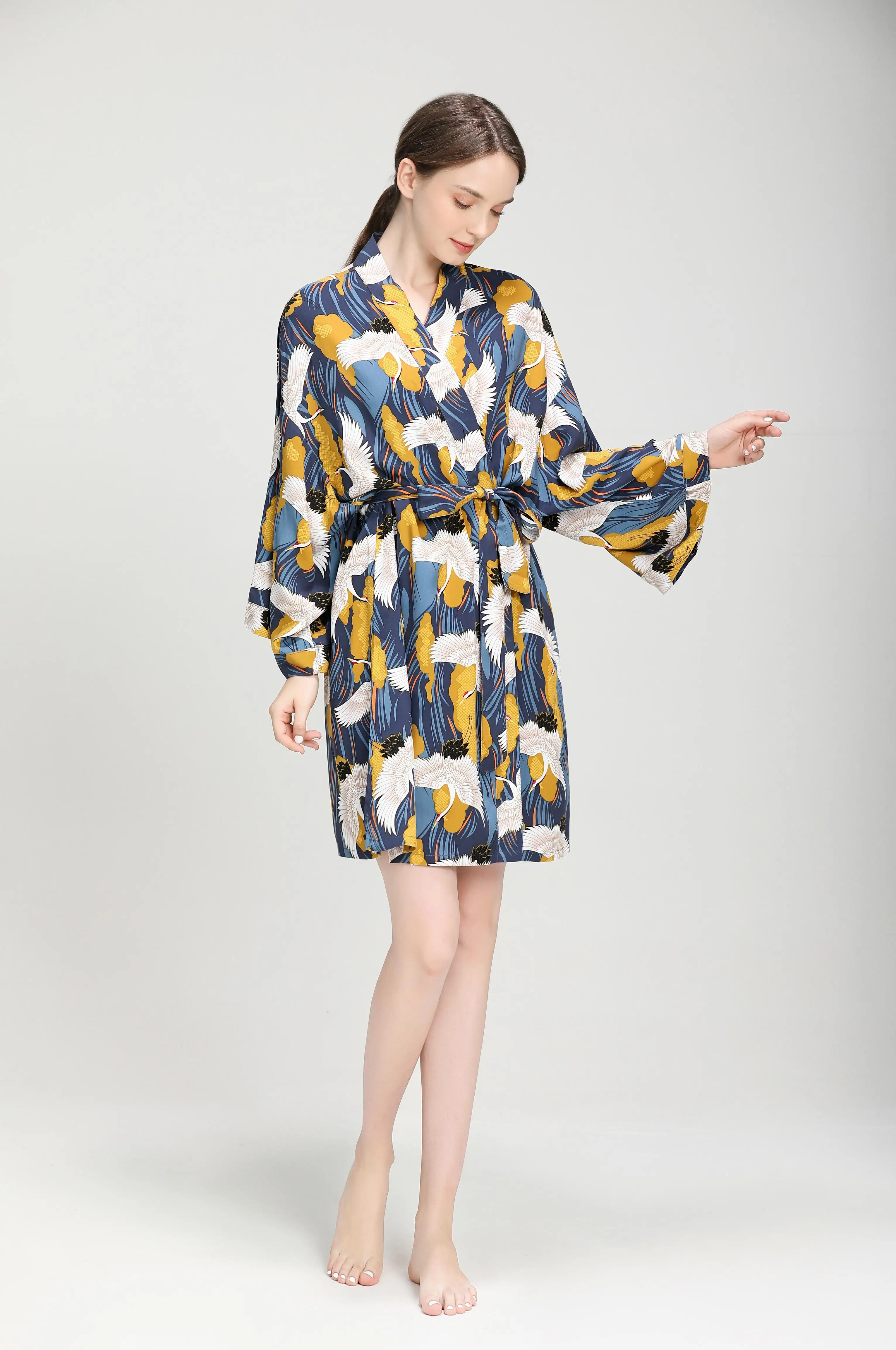 Yellow Crane New Sleepwear Robe Spring Viscose Women Nightgown Flower Printed Long-Sleeve Pajamas Bathrobe for Female