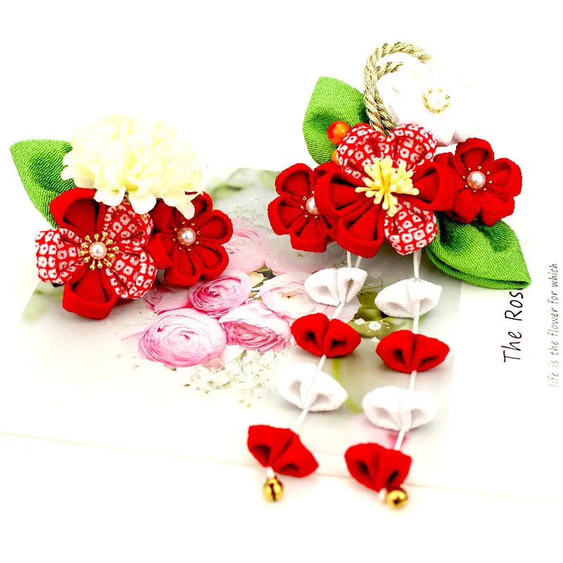 

2Pcs Kanzashi Hair Ornament Wisteria Red Plum Dahlia Mixed Flower Kimono Yukata Accessory Handmade HW090