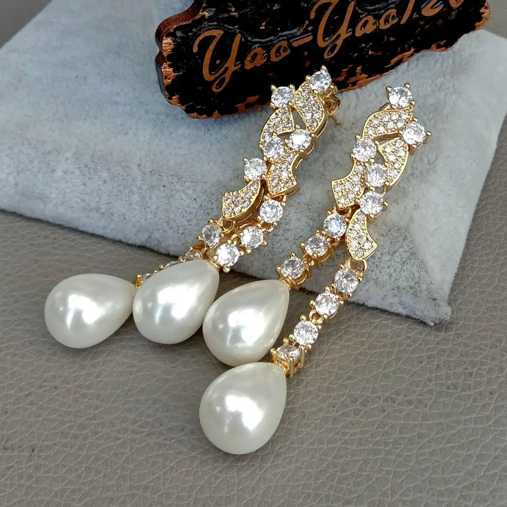 YYGEM دمعة البحر الأبيض بيع لؤلؤة مكعب زركونيا مايكرو تمهيد الذهب الأصفر اللون مطلي أقراط