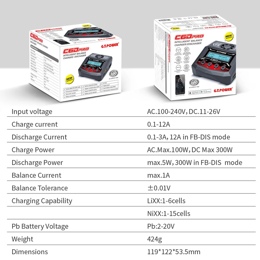 GT.POWER IMAX C6D PRO Balance Charger Discharger 300W 12A For RC Drone Car Boat LiPo/LiFe/LiIon/LiHV/NiMH/NiCd Battery