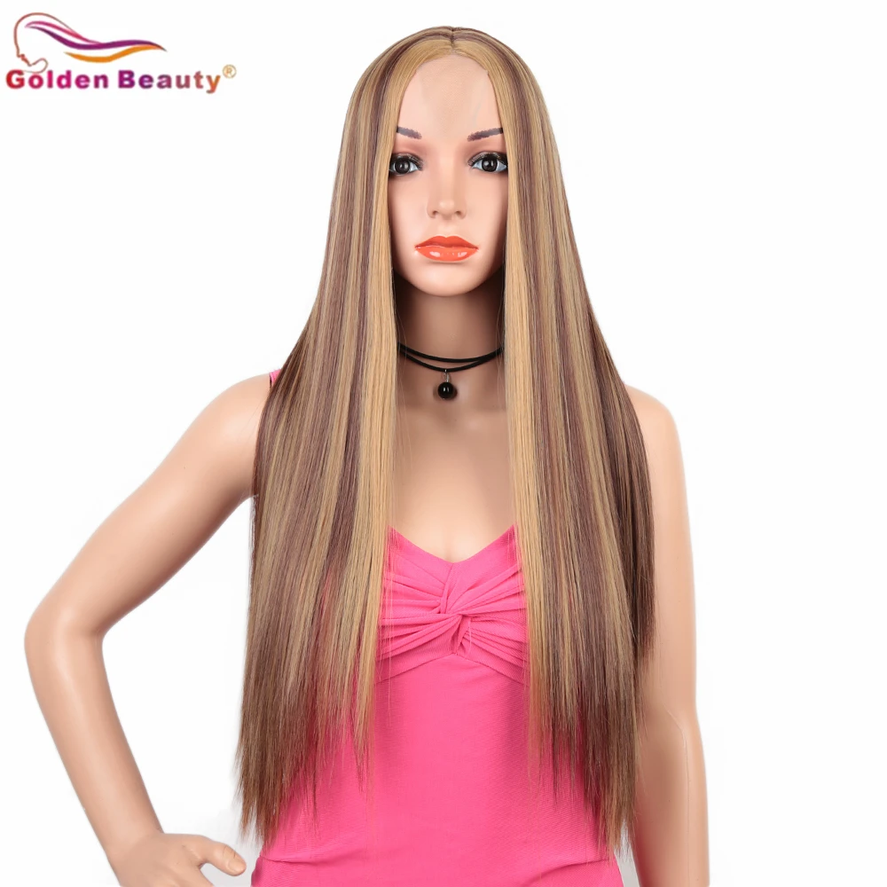 Golden Beauty 30inch Synthetic Hair Wig Highlight High Temperature Fiber Long Straight Ombre Brown With Blonde Upart Lace Wig