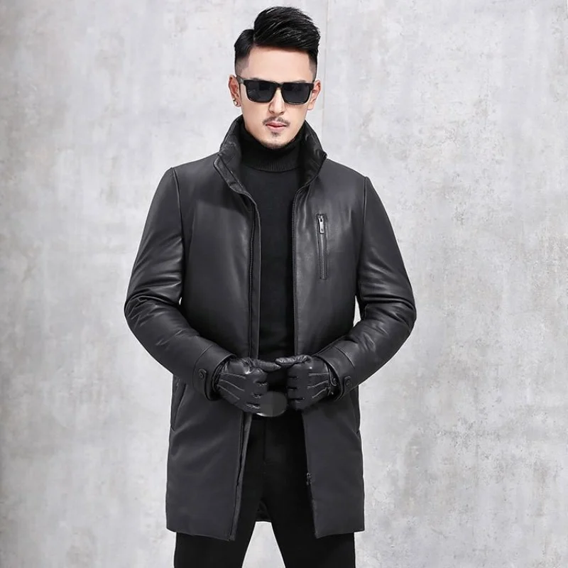 Brand New Real Leather Down Jacket Men Winter Stand Collar Thick Casual Trench Coat Fashion Biker Slim Black Down Outerwear Male