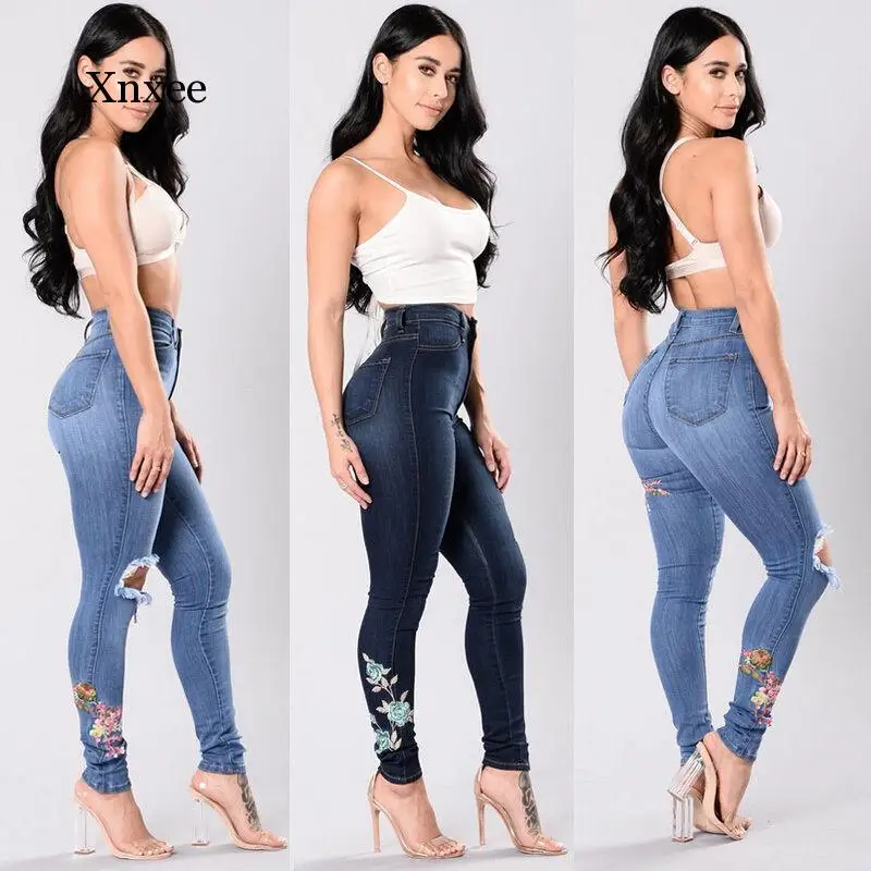 

Women High Waist Distressed Ripped Blue Skinny Denin Jeans Pant Women Casual Clothes