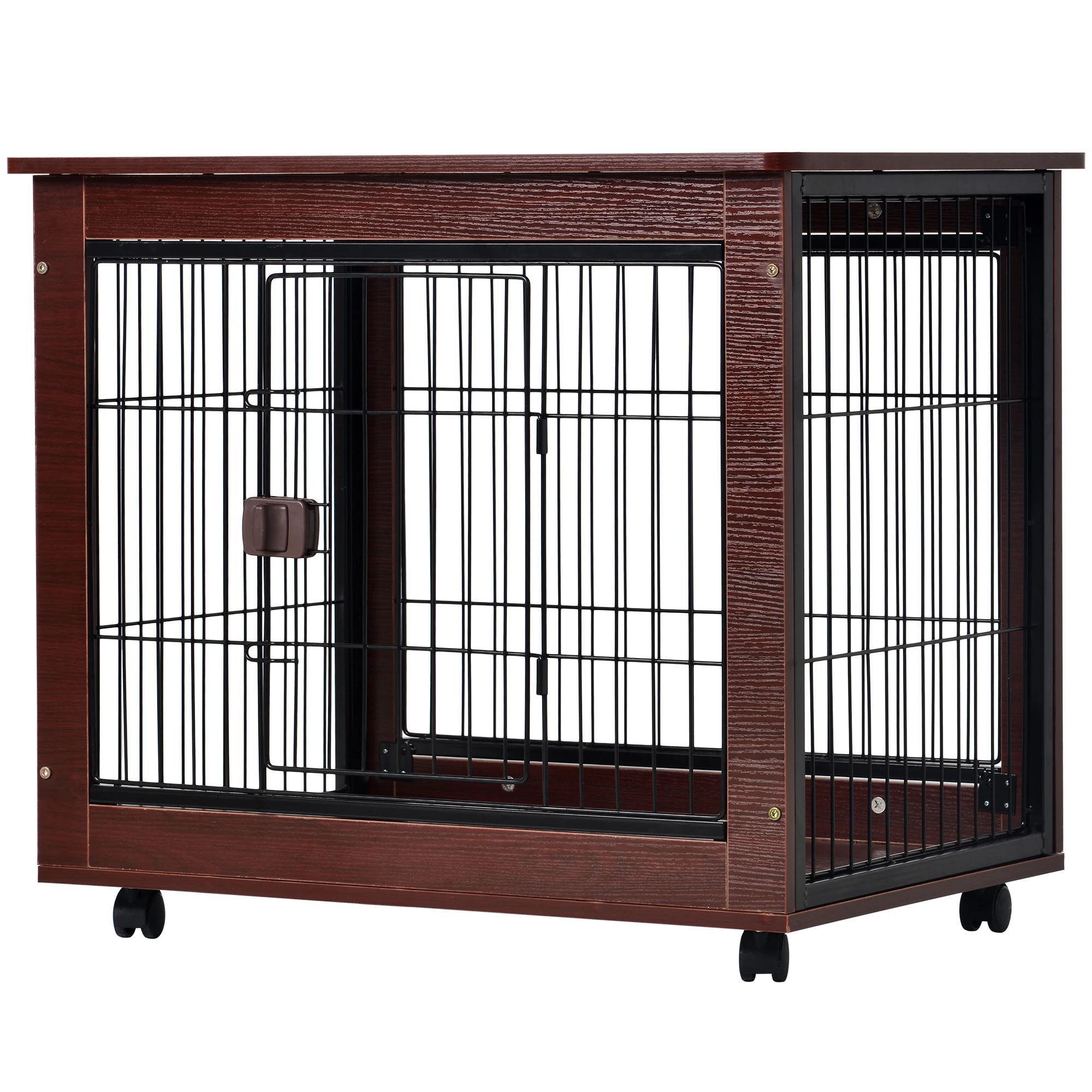 31” Length Furniture Style Pet Dog Crate Cage End Table With Wooden Structure And Iron Wire And Lockable Caters