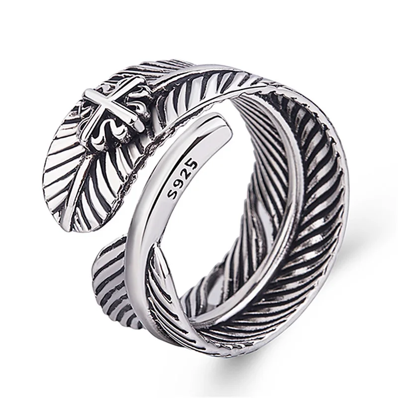 Vintage Feather Lovers Ring Retro Leaf  Women Men Jewelry Opening Adjustable Rings Fashion Geometric Party Holiday Birthday Gift image 2