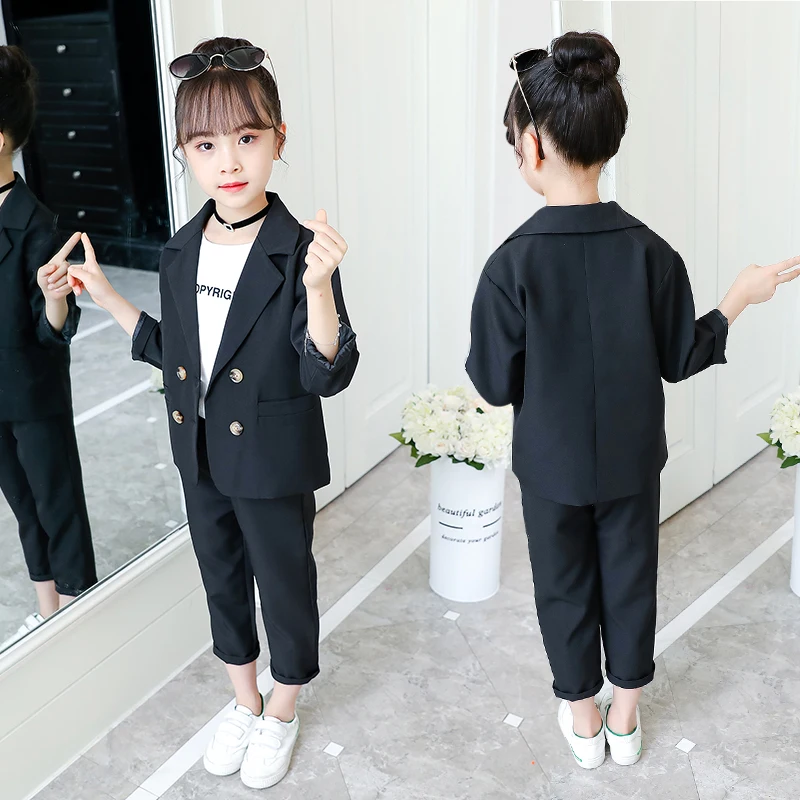 Girls Suits Coat + Pants 2pcs Kids Cotton 2023 Casual Spring Autumn High Quality Formal Sport Teenagers Children Sets Outfits 