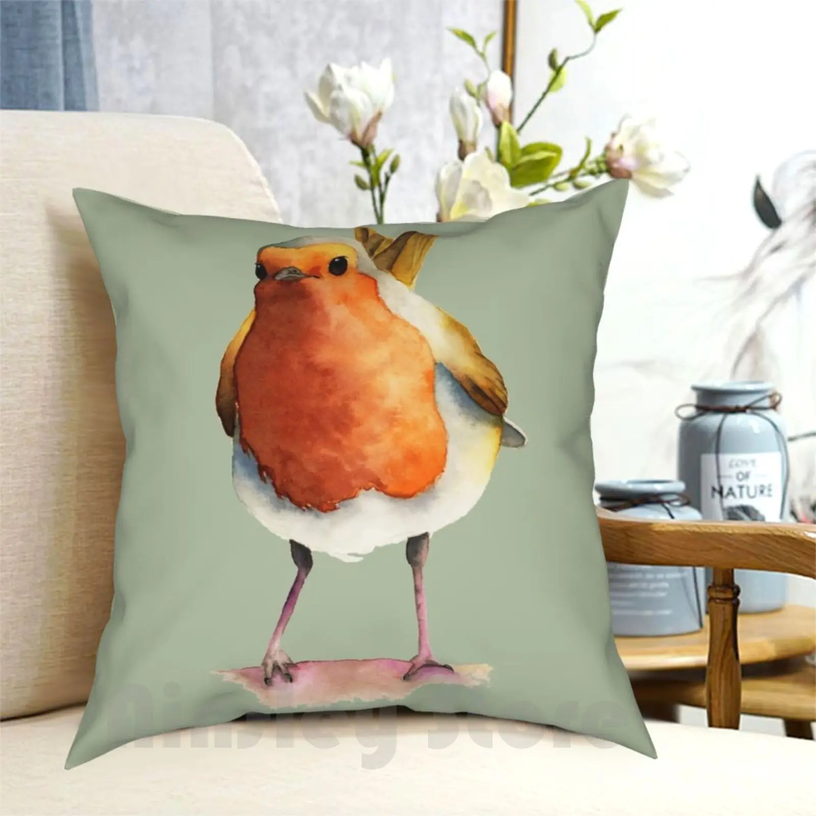 Robin Bird Watercolor Painting Pillow Case Printed Home Soft Throw Pillow Robin Bird Animal Animals Birds Nature