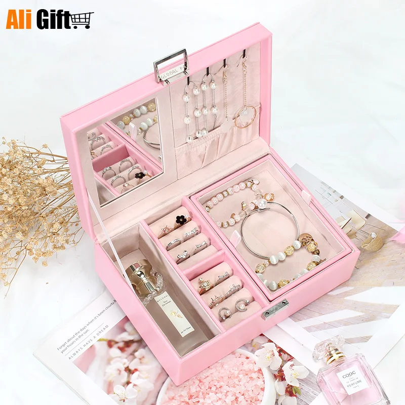 

Princess Jewelry Box European Jewelry Storage Box Earrings Necklace Box Simple Double Makeup Organizer Portable Dressing Case