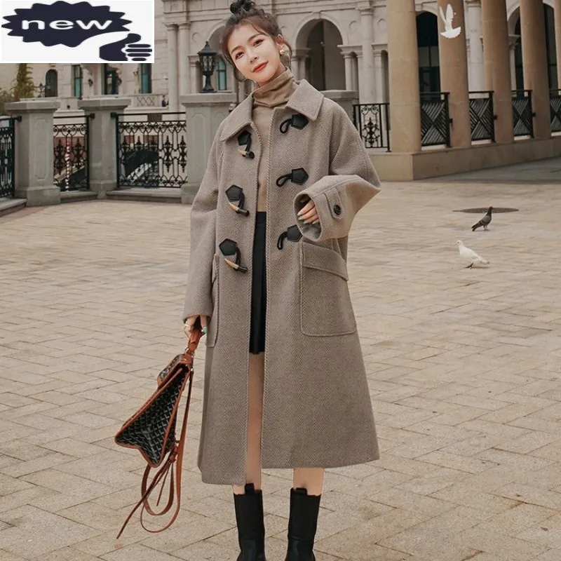 

Retro Women Long Wool Blends Coat Horn Button Loose Fit Ladies Outwear Overcoat Elegant Autumn Winter Coats Windbreaker Manteau