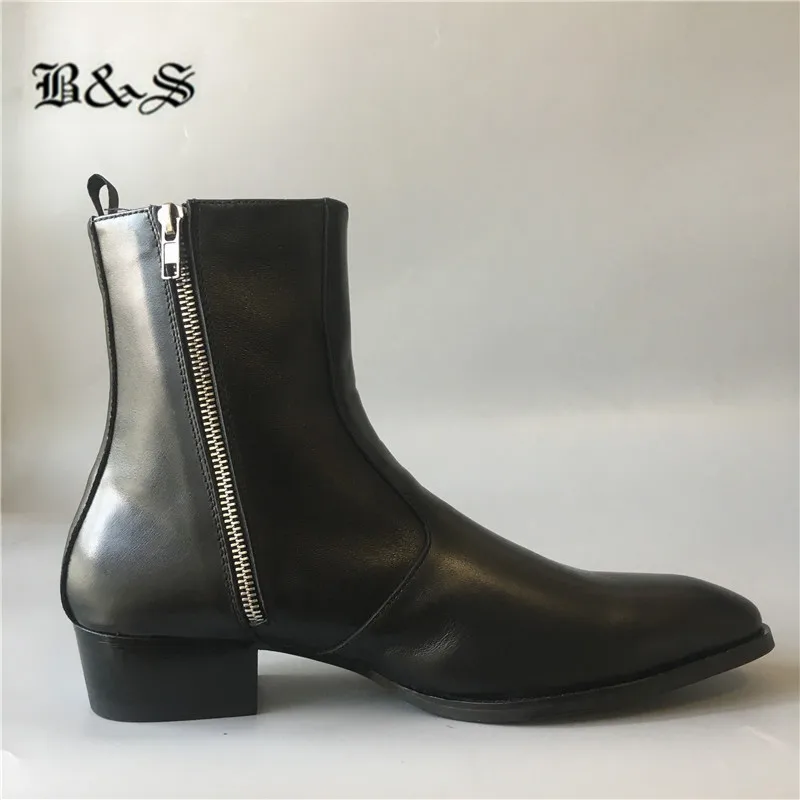 

Black& Street New Slim Fit wedge Luxury genuine Leather Chelsea Zipper Boots 4cm heel High Men Dress wedding business Boots