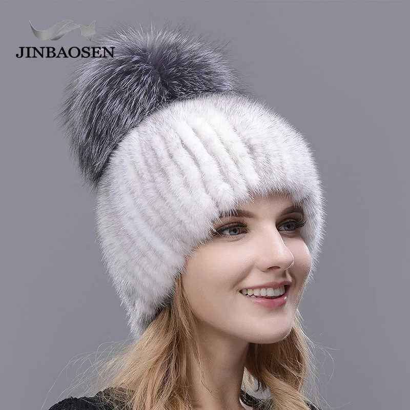 JINBAOSEN Real Mink Fur Hat for Winter Women Imported Knitted Mink Cap with Fox Fur  New Hot Sale High Quality Women Beanies