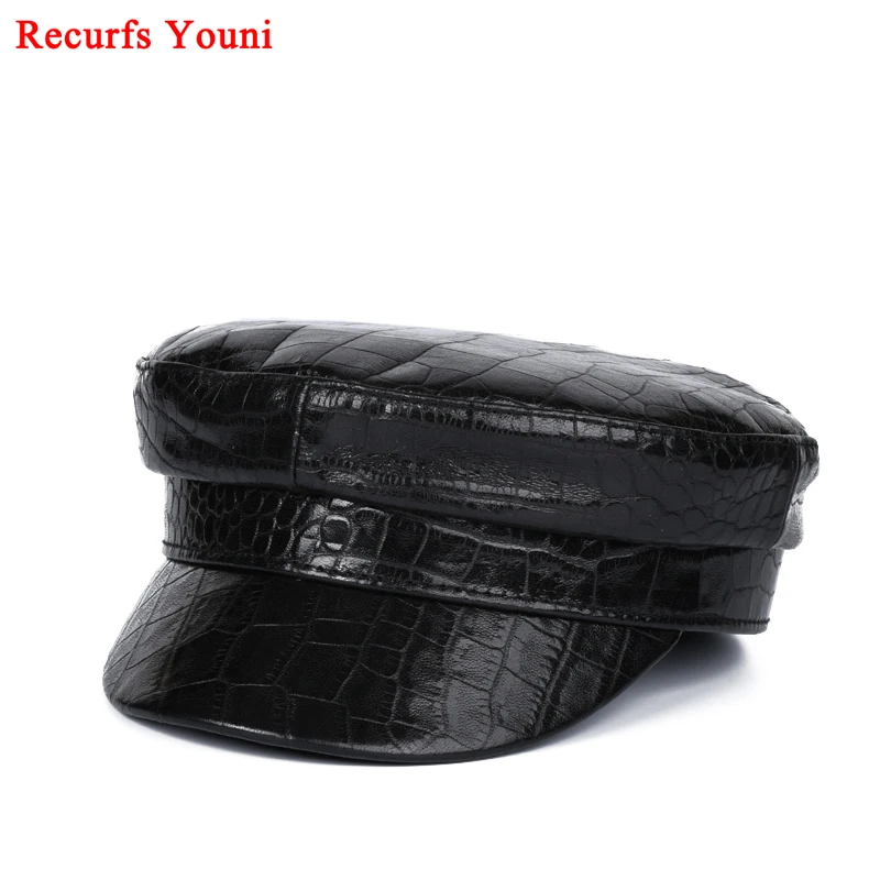 2023 Winter Women Genuine Leather Crocodile Pattern Navy Hat Female European/American Retro Simple Flat Top Caps Street Beret