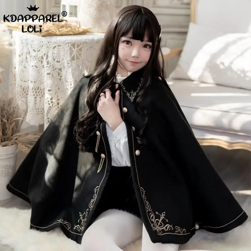 Women Winter Woolen Cloak Black Cape Preppy Style Golden Embroidery Princess Gothic Magic School Students Teens Coat Autumn New