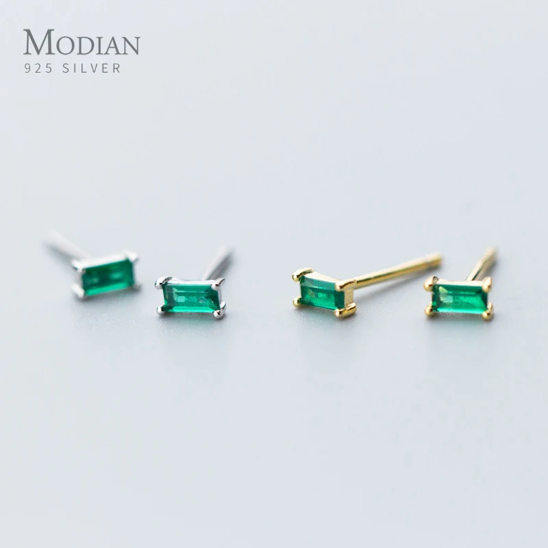 Modian Silver Small Tiny Green Zircon Stud Earrings 100% 925 Sterling Silver Emerald Cut Crystal Studs Ear For Women Jewelry