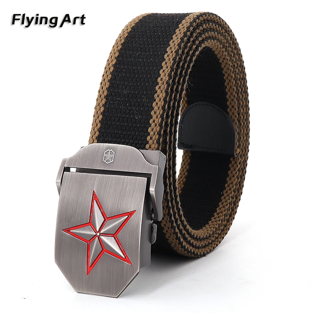 

Men&Women Fashion thick Canvas Belt Red five-pointed star Automatic buckle Tactical Military Canvas Trendy Metal Buckle Belt