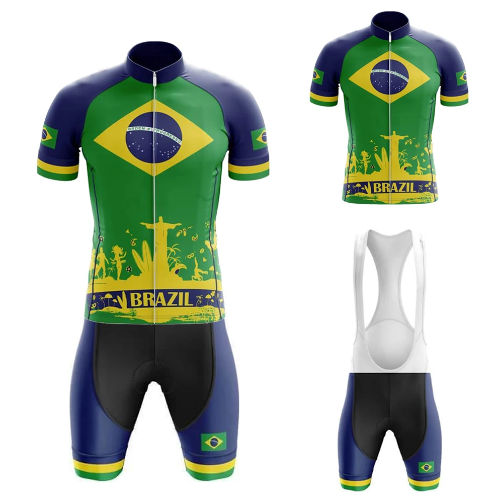 

Brazil Summer Short Sleeves Cycling Jersey Set Men Bib Shorts Gel Breathable Pad Breathable Quick Dry