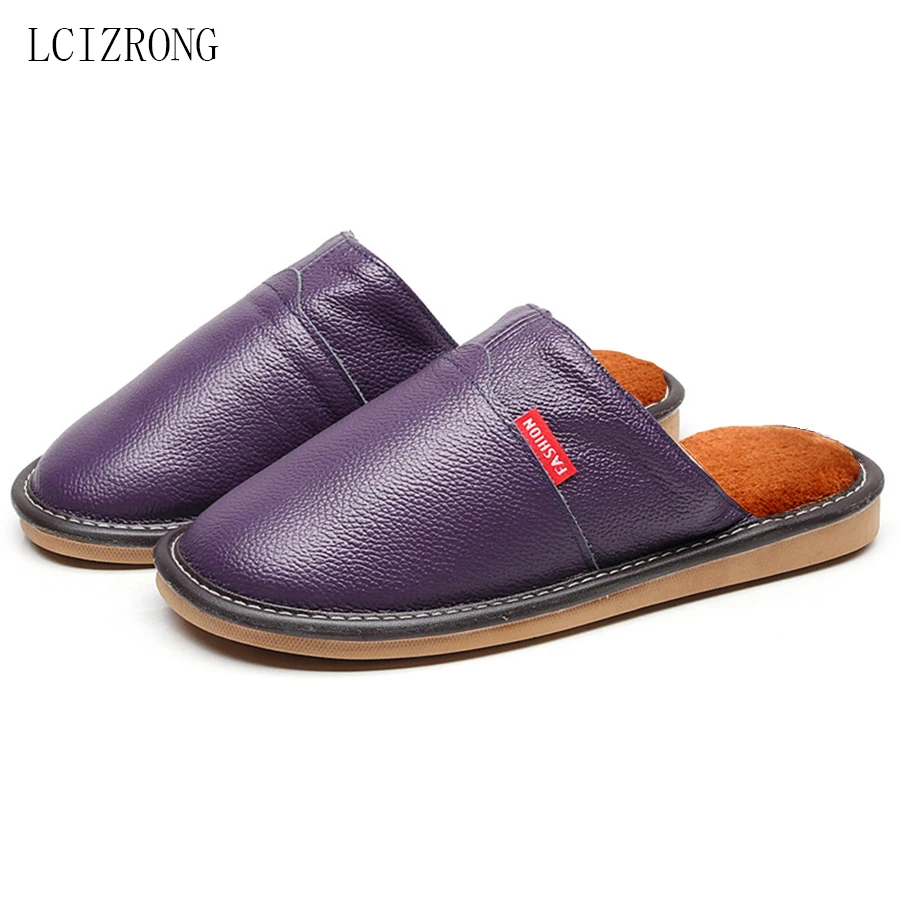 LCIZRONG Home Slippers for Women Plush Warm Woman/Men Sewing Genuine Leather Unisex Waterproof House Slippers Big Size 35-44